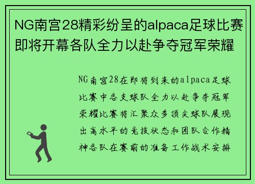 NG南宫28精彩纷呈的alpaca足球比赛即将开幕各队全力以赴争夺冠军荣耀